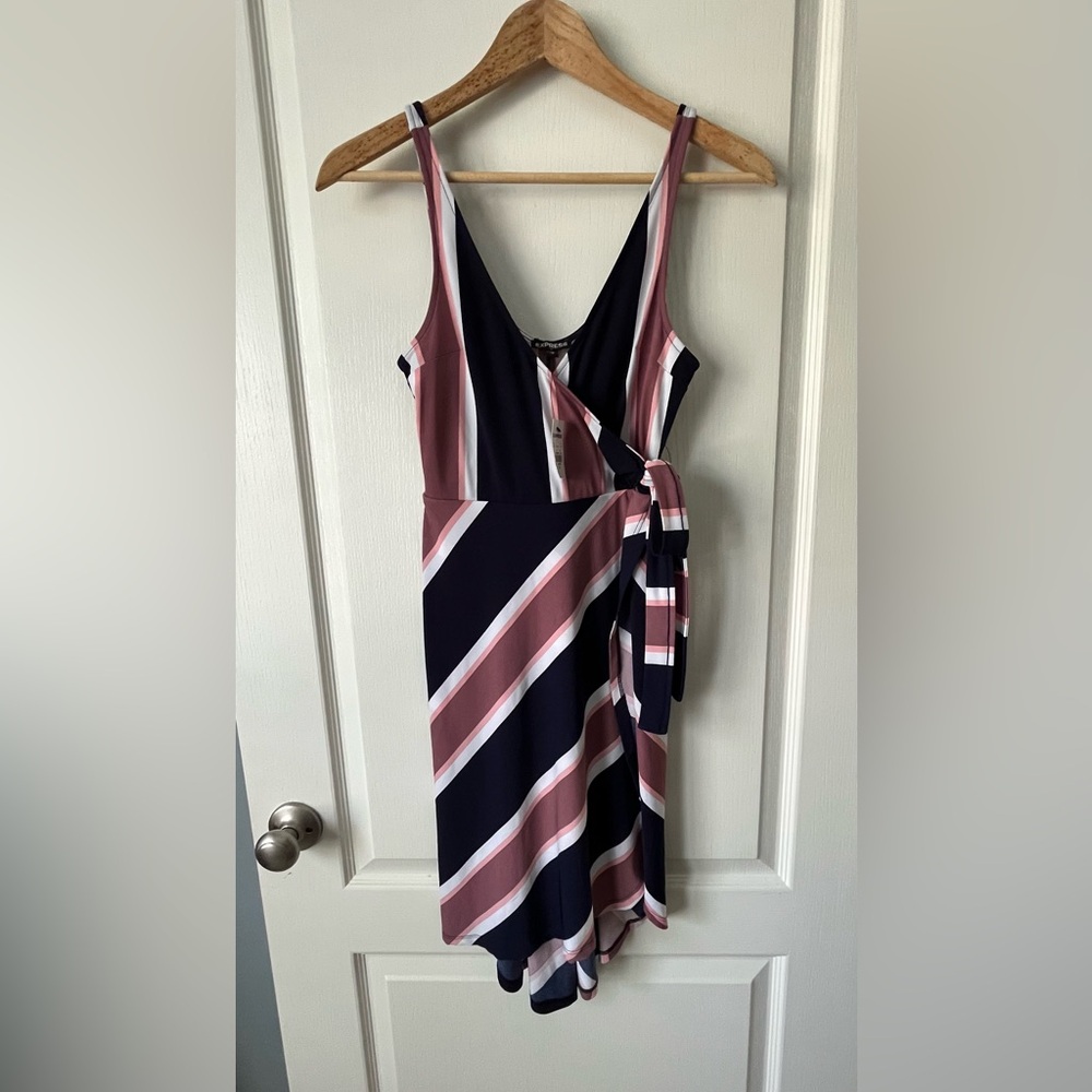 NWT Express Asymmetrical Dress in Navy and Pink Stripes, Faux Wrap Dress, XS